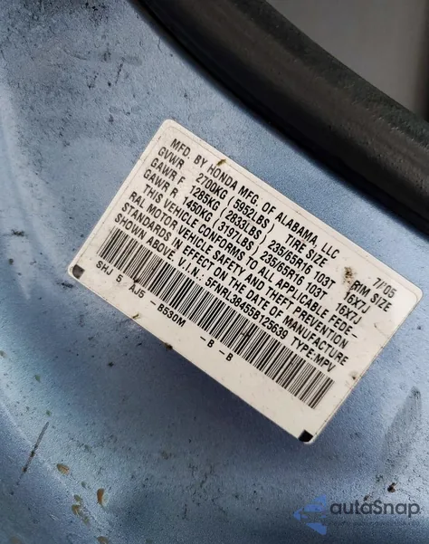 2005 Honda Odyssey Ex z USA, uszkodzony, nr VIN 5FNRL38455B125639